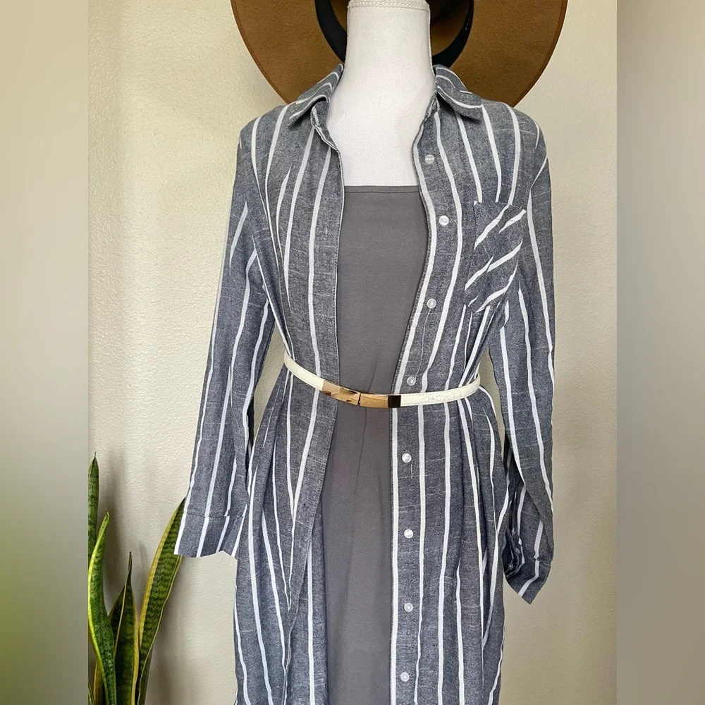 New - Striped Blue & White Sheer Swim Cover Up / Kimono / Button Up Shirt Dress - Picture 9 of 14